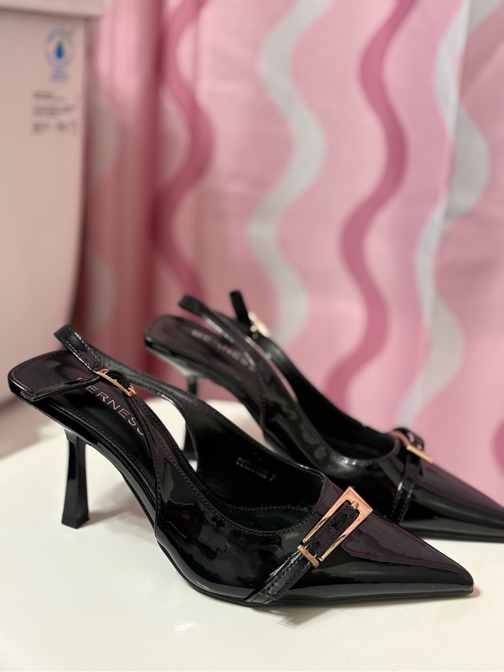 Black Patent Pointed-Toe Slingback Heels with Gold Buckle